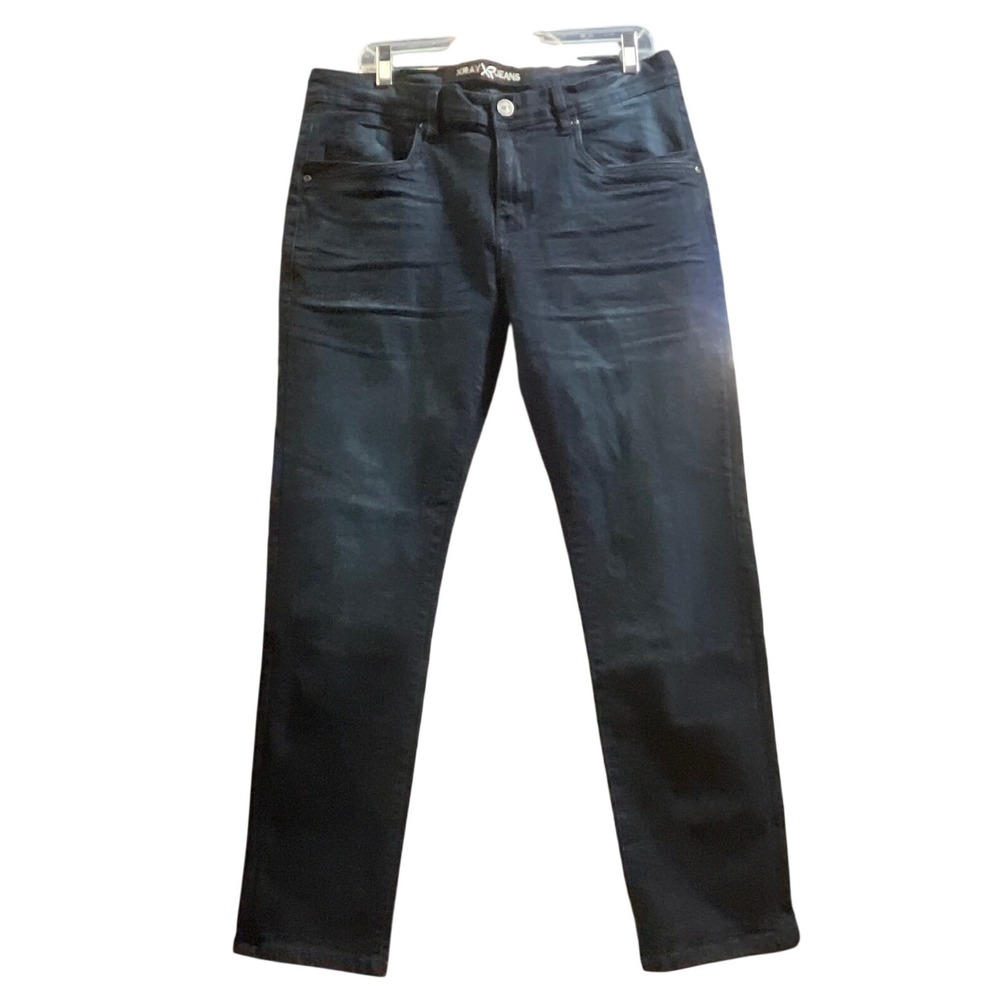 XRAY Jeans Denim Pants Men 34x30 Dark Blue Slim Straight Coated Metallic Stretch